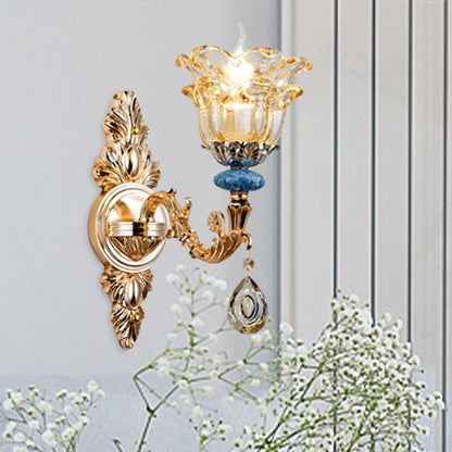 Frendorf | 2-lagige Blumen Kristall Wandlampen-Kit traditionelle 1/2-Lampe Nachttisch Wandmontage Beleuchtung in Gold