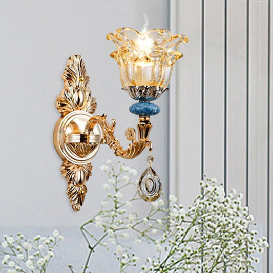 Frendorf | 2-lagige Blumen Kristall Wandlampen-Kit traditionelle 1/2-Lampe Nachttisch Wandmontage Beleuchtung in Gold