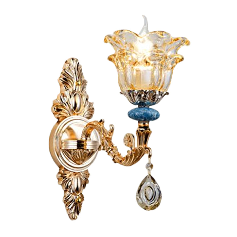 Frendorf | 2-lagige Blumen Kristall Wandlampen-Kit traditionelle 1/2-Lampe Nachttisch Wandmontage Beleuchtung in Gold