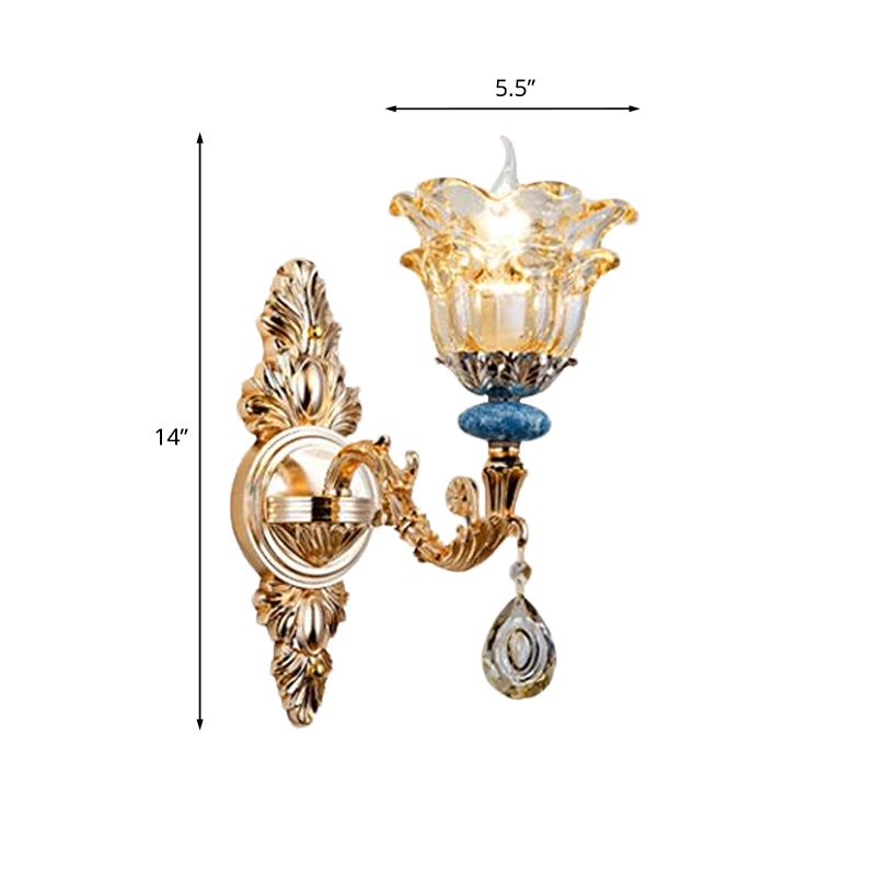 Frendorf | 2-lagige Blumen Kristall Wandlampen-Kit traditionelle 1/2-Lampe Nachttisch Wandmontage Beleuchtung in Gold