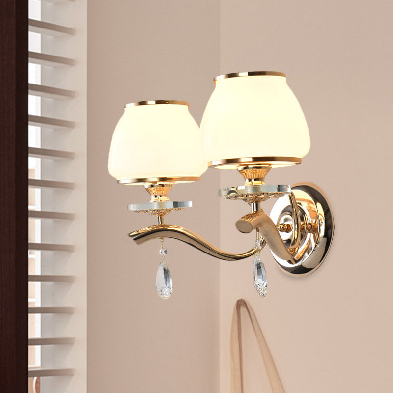 Frendorf | 1/2-Birnen Tapered Wandlicht Fixture Postmodern Weiß Glas Wand Scone Beleuchtung mit Kristall Tropfen