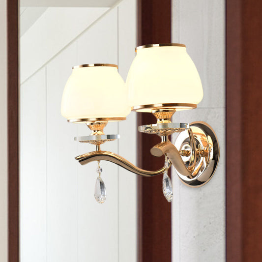 Frendorf | 1/2-Birnen Tapered Wandlicht Fixture Postmodern Weiß Glas Wand Scone Beleuchtung mit Kristall Tropfen