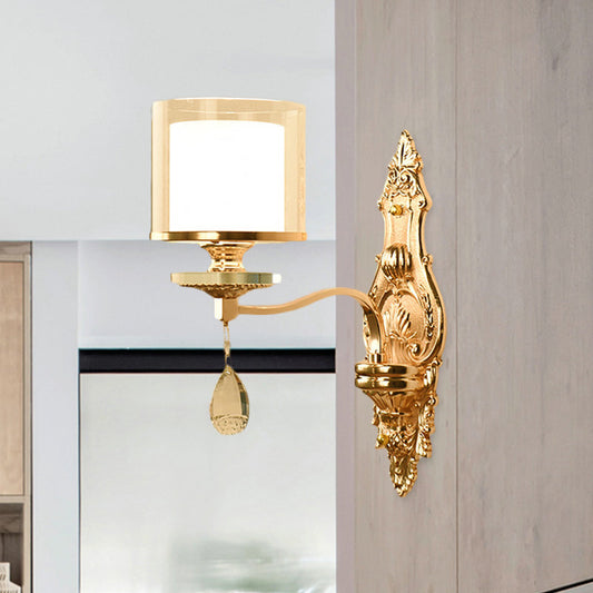 Frendorf | 1 Licht Wandmontage Lamp Retro Wohnzimmer Wandleuchte mit geschichtetem Fass klar und matt Glas Schirm, Gold