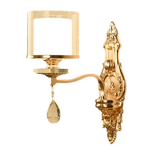 Frendorf | 1 Licht Wandmontage Lamp Retro Wohnzimmer Wandleuchte mit geschichtetem Fass klar und matt Glas Schirm, Gold