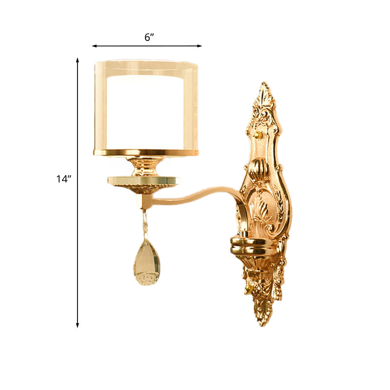 Frendorf | 1 Licht Wandmontage Lamp Retro Wohnzimmer Wandleuchte mit geschichtetem Fass klar und matt Glas Schirm, Gold