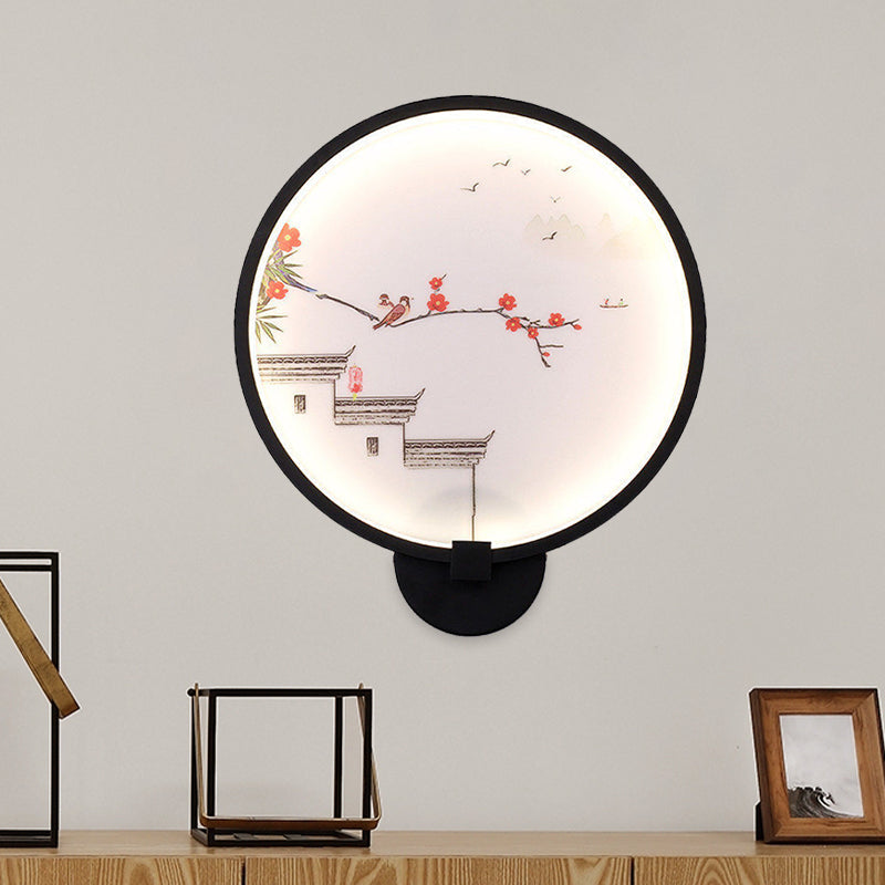 Frendorf | Chinesisches Tintenhaus/Lotus Wandmural Leichte Acryl Schlafzimmer LED Kreis Wandleuchte in Schwarz