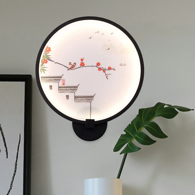 Frendorf | Chinesisches Tintenhaus/Lotus Wandmural Leichte Acryl Schlafzimmer LED Kreis Wandleuchte in Schwarz