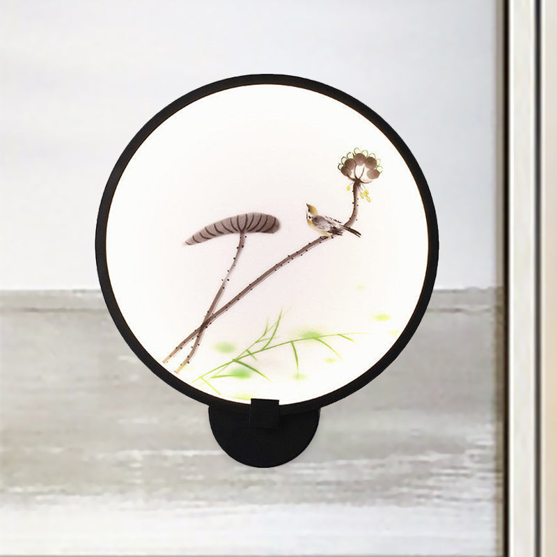 Frendorf | Chinesisches Tintenhaus/Lotus Wandmural Leichte Acryl Schlafzimmer LED Kreis Wandleuchte in Schwarz