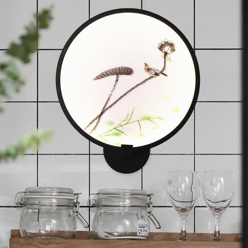 Frendorf | Chinesisches Tintenhaus/Lotus Wandmural Leichte Acryl Schlafzimmer LED Kreis Wandleuchte in Schwarz