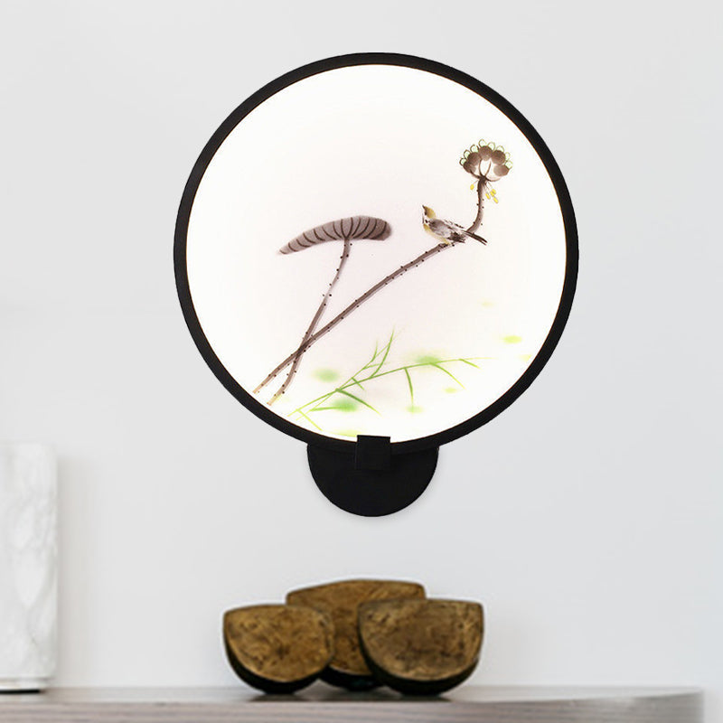 Frendorf | Chinesisches Tintenhaus/Lotus Wandmural Leichte Acryl Schlafzimmer LED Kreis Wandleuchte in Schwarz