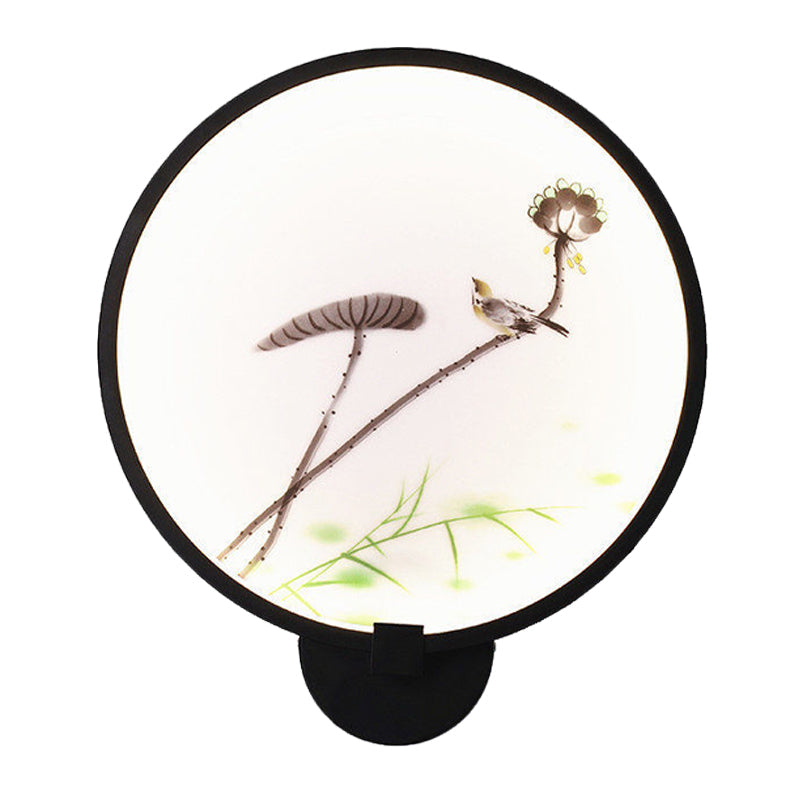 Frendorf | Chinesisches Tintenhaus/Lotus Wandmural Leichte Acryl Schlafzimmer LED Kreis Wandleuchte in Schwarz