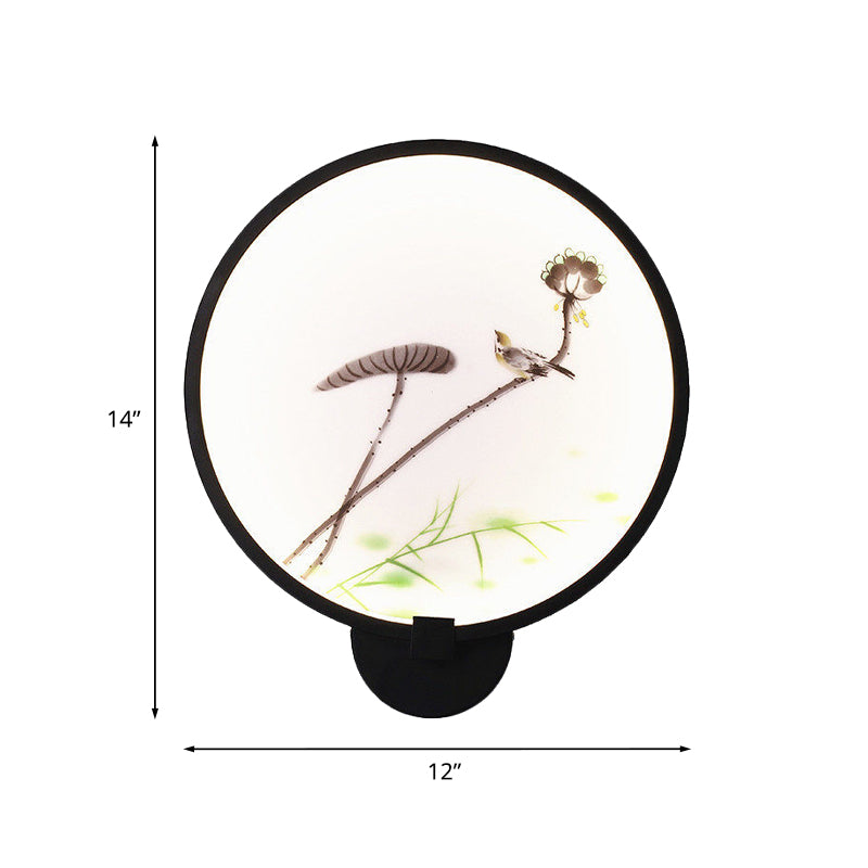 Frendorf | Chinesisches Tintenhaus/Lotus Wandmural Leichte Acryl Schlafzimmer LED Kreis Wandleuchte in Schwarz