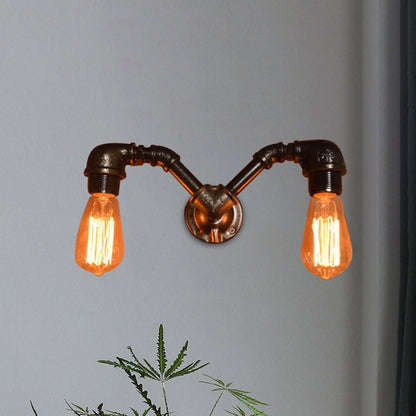 Frendorf | 2 Köpfe Rohrdesign Wandbeleuchtung mit offener Glühbirne Bauernhaus Schwarzes Finish Metall Wandlichtarmatur