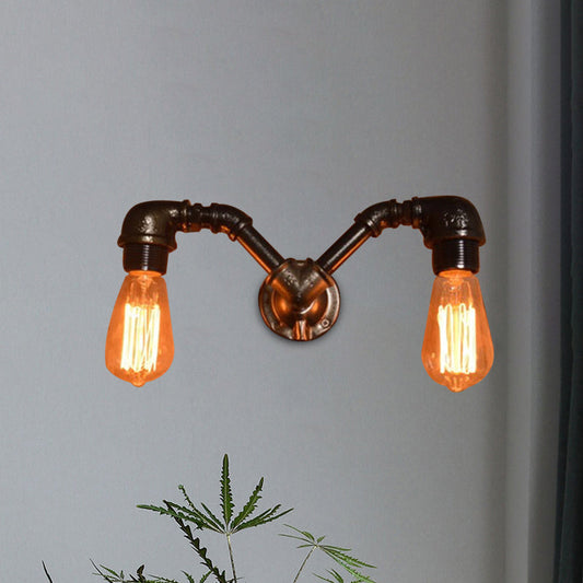 Frendorf | 2 Köpfe Rohrdesign Wandbeleuchtung mit offener Glühbirne Bauernhaus Schwarzes Finish Metall Wandlichtarmatur