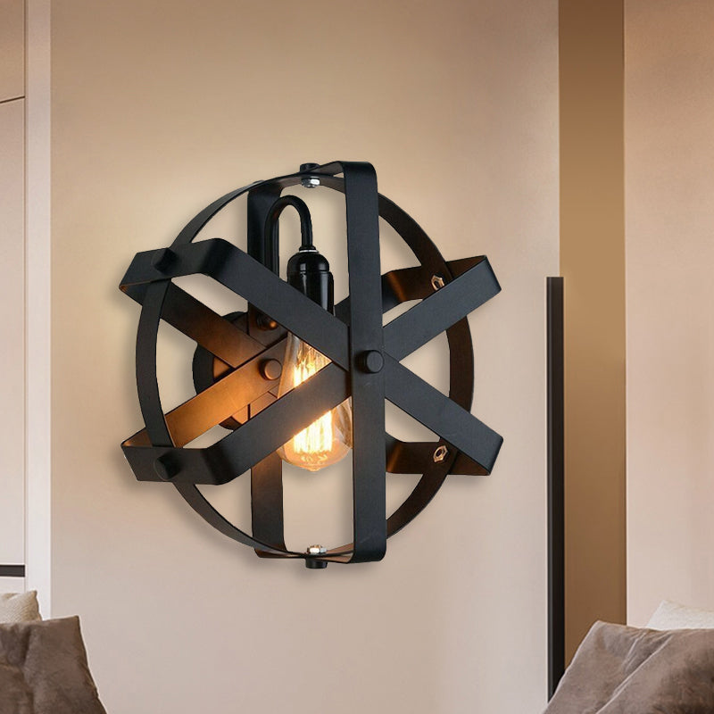 Frendorf | Metallisch Schwarze Wandmontageleuchte Runde Schirm 1 Licht Industriellen Stil Wandleuchte mit Zahnrad Design