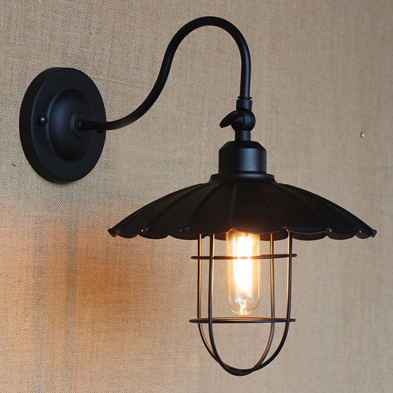 Frendorf | Metalen wandlamp met geschulpte rand en kooi-schaduw Nautisch stijl 1 hoofd Slaapkamer wandgemonteerde lamp in zwart