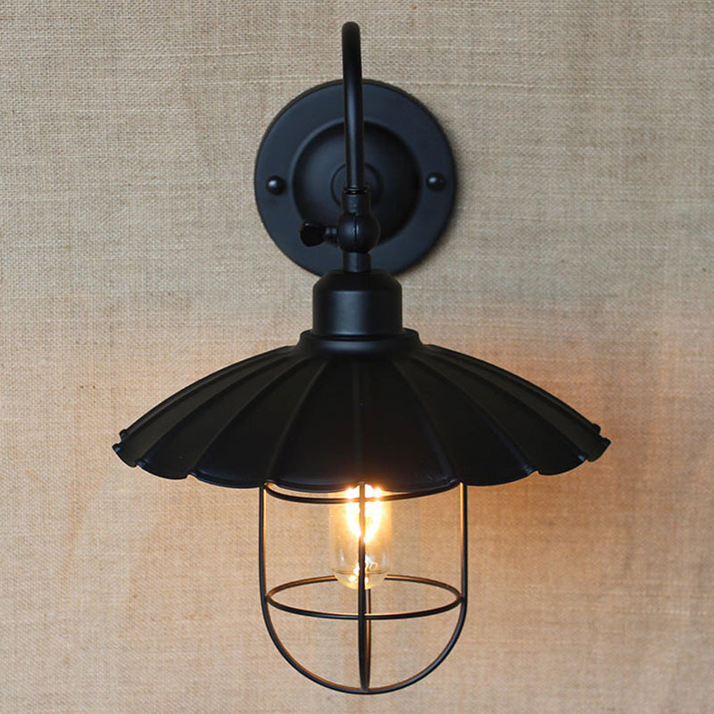 Frendorf | Metalen wandlamp met geschulpte rand en kooi-schaduw Nautisch stijl 1 hoofd Slaapkamer wandgemonteerde lamp in zwart