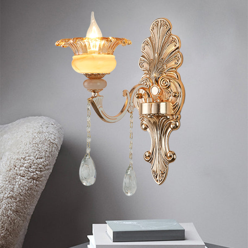 Frendorf | 1/2-Kopf Wandlampe Mid-Century Florale Kristall Wandbeleuchtung Idee in Gold für Nachttisch