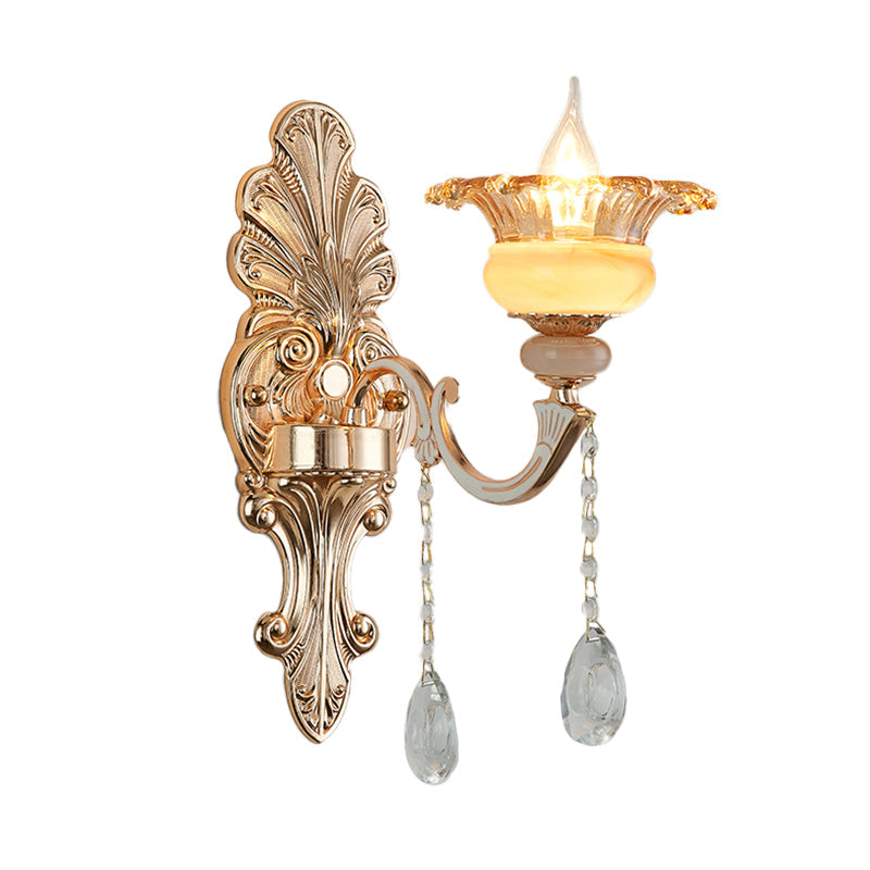 Frendorf | 1/2-Kopf Wandlampe Mid-Century Florale Kristall Wandbeleuchtung Idee in Gold für Nachttisch