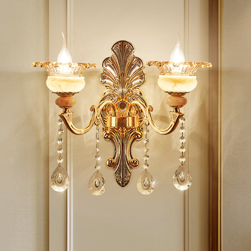 Frendorf | 1/2-Kopf Wandlampe Mid-Century Florale Kristall Wandbeleuchtung Idee in Gold für Nachttisch