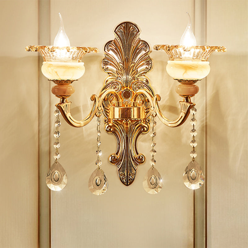 Frendorf | 1/2-Kopf Wandlampe Mid-Century Florale Kristall Wandbeleuchtung Idee in Gold für Nachttisch