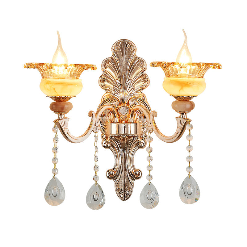 Frendorf | 1/2-Kopf Wandlampe Mid-Century Florale Kristall Wandbeleuchtung Idee in Gold für Nachttisch