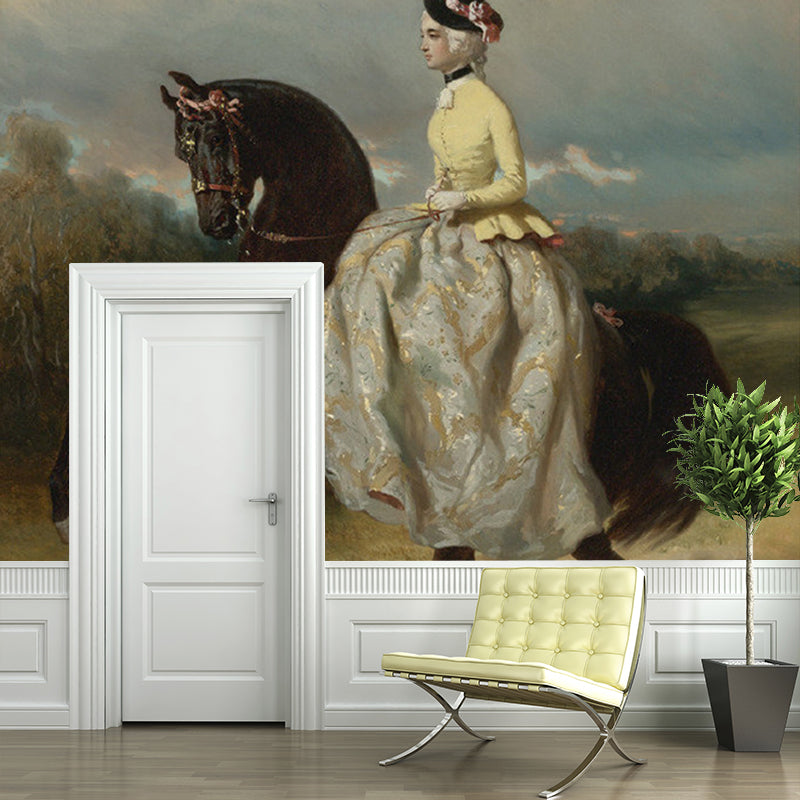 Frendorf | Vrouw op Prancerend Paard Muur Witte en Bruine Retro Stijl Wandbekleding voor Thuisdecoratie