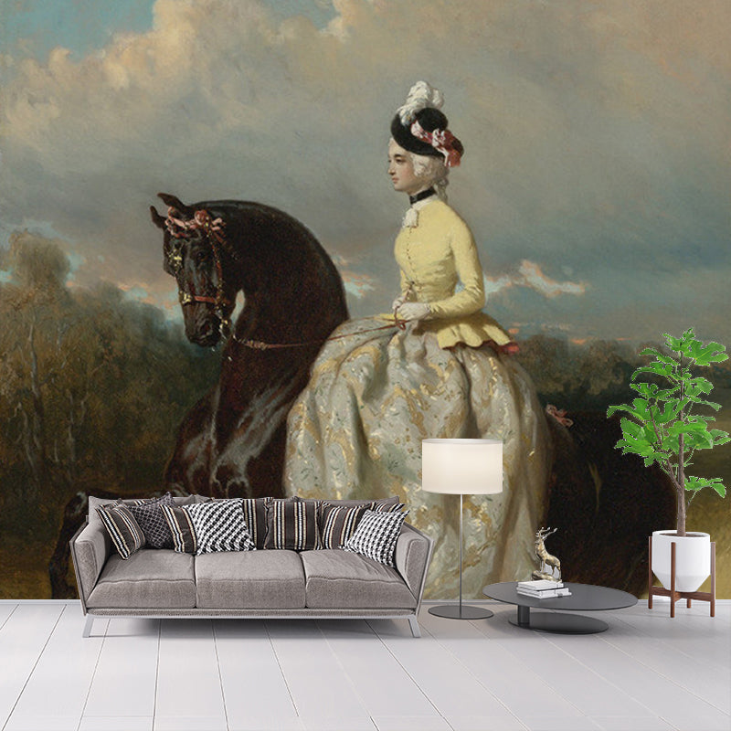 Frendorf | Vrouw op Prancerend Paard Muur Witte en Bruine Retro Stijl Wandbekleding voor Thuisdecoratie
