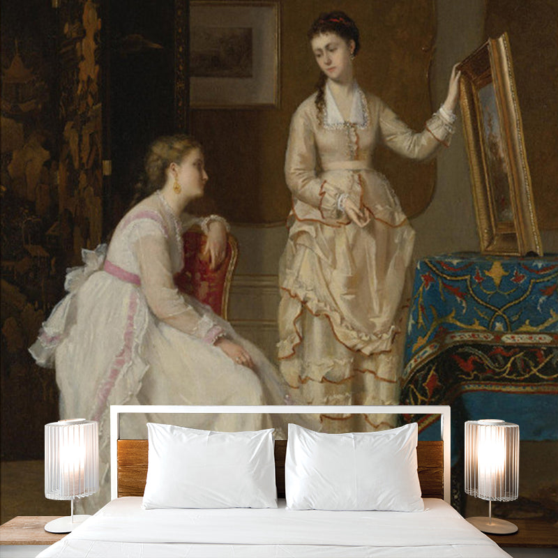 Frendorf | Braune Schwestern Ölmalerei Wandgemälde Fleckenbeständige Wandverkleidung für das Wohnzimmer, Vliesstoff