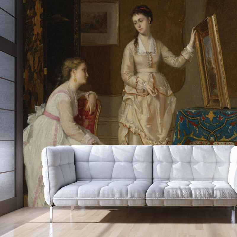 Frendorf | Braune Schwestern Ölmalerei Wandgemälde Fleckenbeständige Wandverkleidung für das Wohnzimmer, Vliesstoff