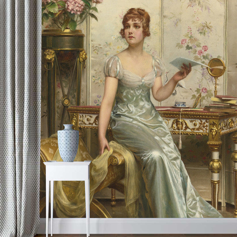 Mid-Century Elegante Damen Wanddeko für das Schlafzimmer, Personalisierte Größe Wandmural Aufkleber in Blau und Braun