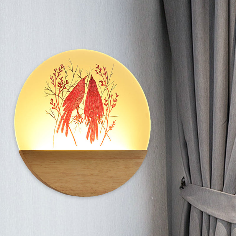 Holz Rund Vogel und Baum Wandlicht Chinesischer Stil LED Acryl Wandbeleuchtung Idee für Nachttisch
