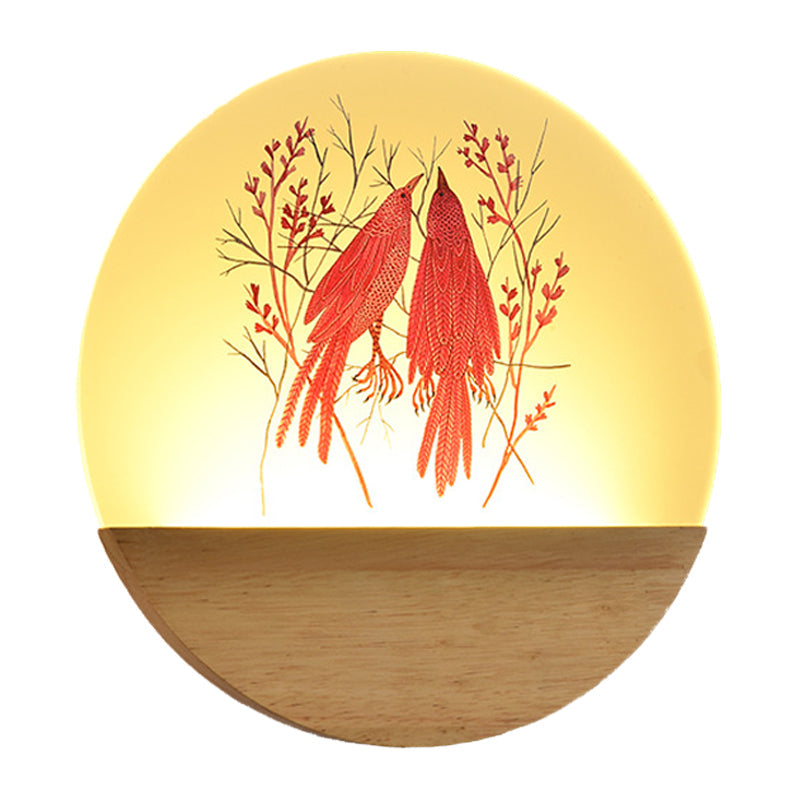Holz Rund Vogel und Baum Wandlicht Chinesischer Stil LED Acryl Wandbeleuchtung Idee für Nachttisch