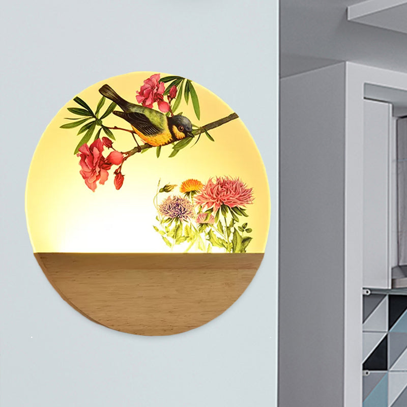 Holz Rund Vogel und Baum Wandlicht Chinesischer Stil LED Acryl Wandbeleuchtung Idee für Nachttisch