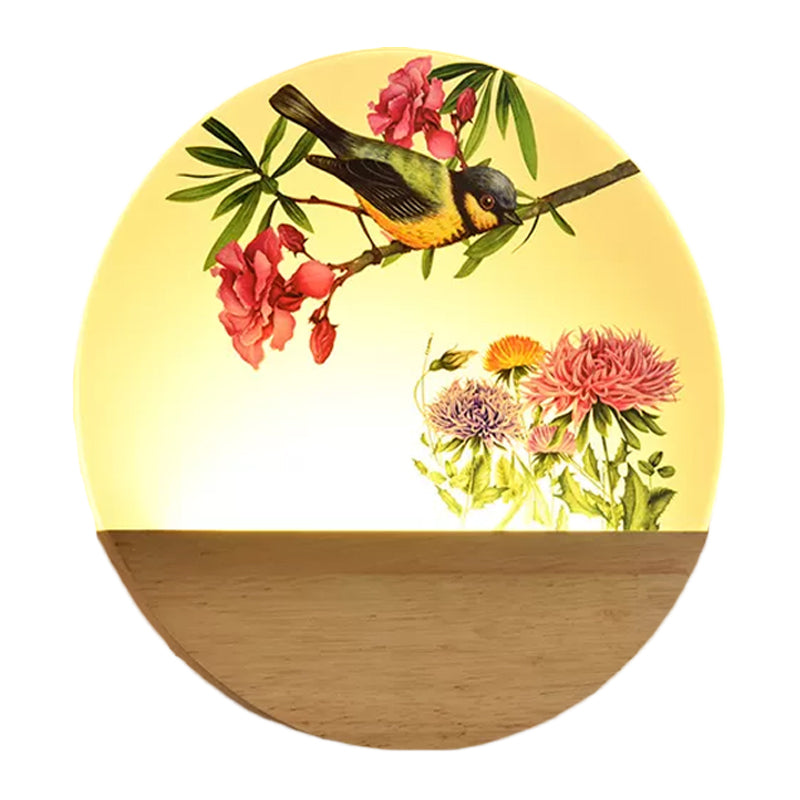 Holz Rund Vogel und Baum Wandlicht Chinesischer Stil LED Acryl Wandbeleuchtung Idee für Nachttisch