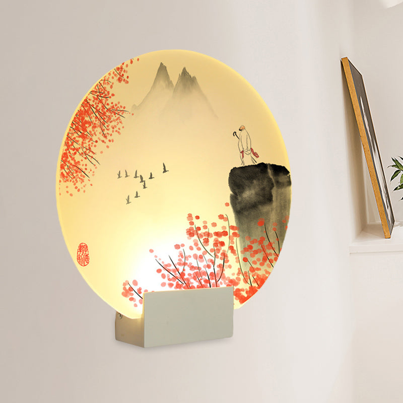 Frendorf | Oriental Style LED Mural Lamp mit Acrylshade Weiß Kreisförmig Berg und Blume Wandmontierte Beleuchtung