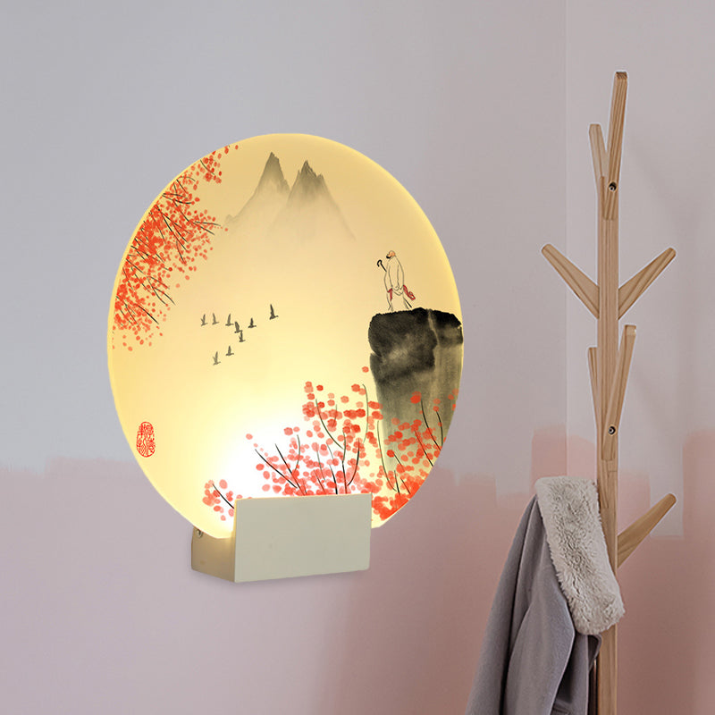 Frendorf | Oriental Style LED Mural Lamp mit Acrylshade Weiß Kreisförmig Berg und Blume Wandmontierte Beleuchtung