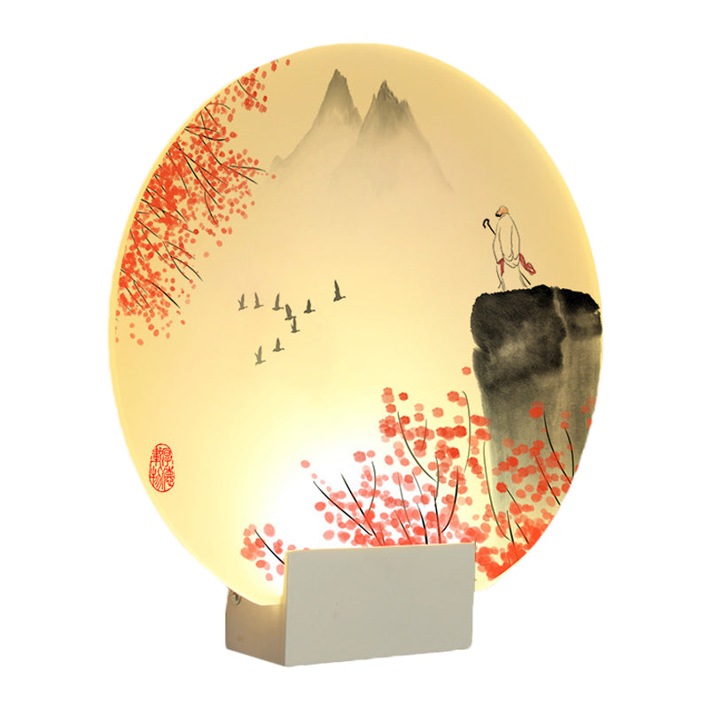 Frendorf | Oriental Style LED Mural Lamp mit Acrylshade Weiß Kreisförmig Berg und Blume Wandmontierte Beleuchtung