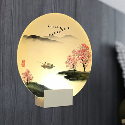 Runde Flur Berg- und Seewandlampe Acryl LED Chinesische Wandbeleuchtung Idee in Weiß