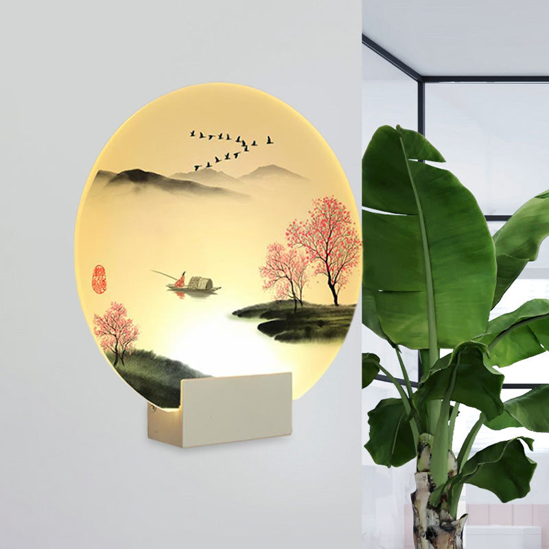 Runde Flur Berg- und Seewandlampe Acryl LED Chinesische Wandbeleuchtung Idee in Weiß