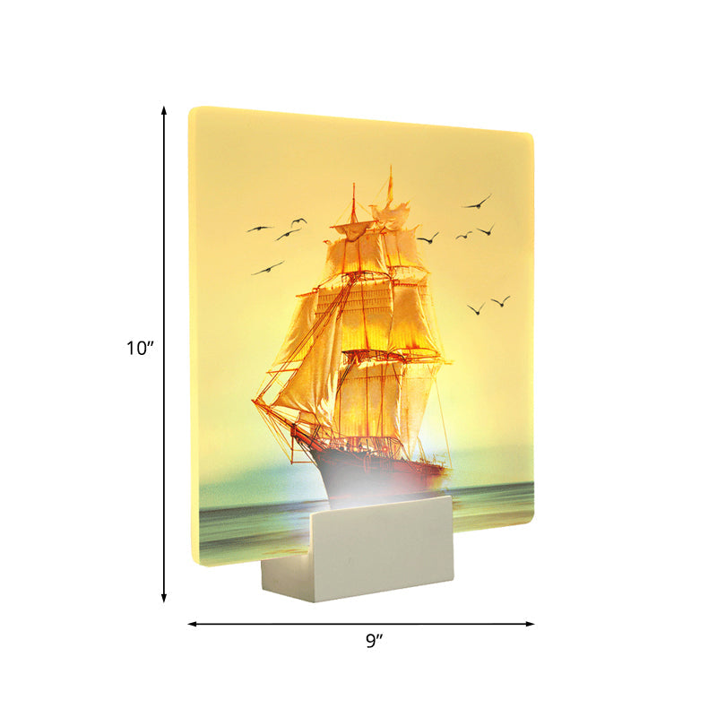 Frendorf | Weiße quadratische Wandmalerei Licht orientalischer Stil LED Acryl Segelboot und Meer Wandlampe