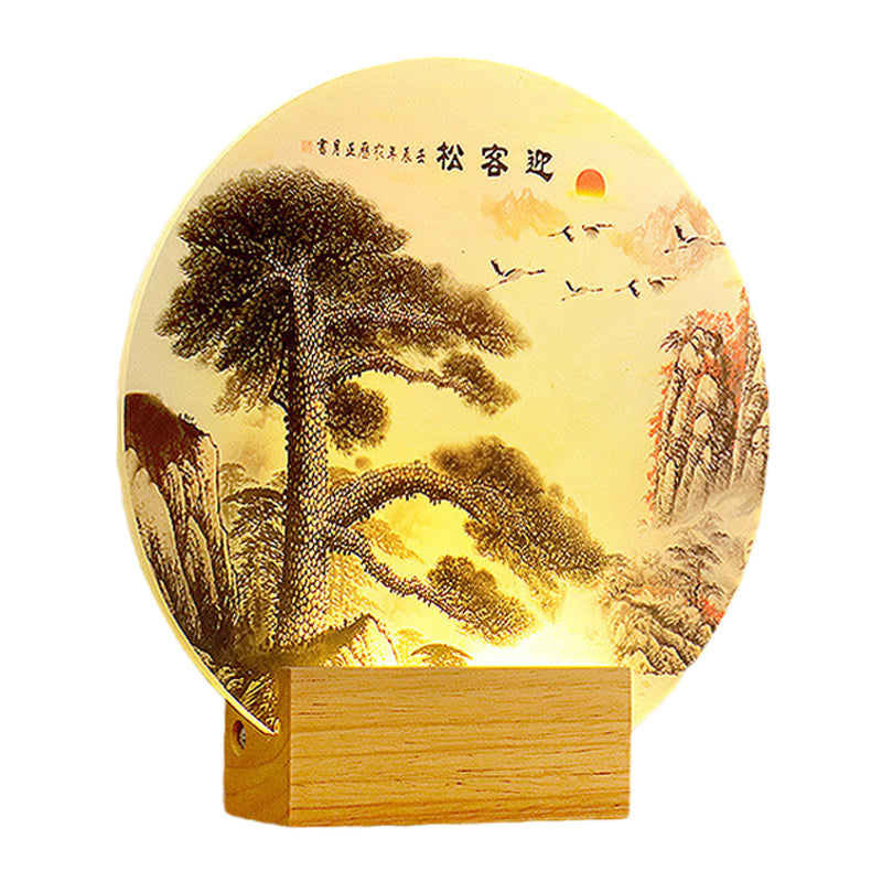 Frendorf | Runde Kieferbaum und Berg Wandleuchte Orientalischer Stil Acryl LED Holz Wandmural Lampe