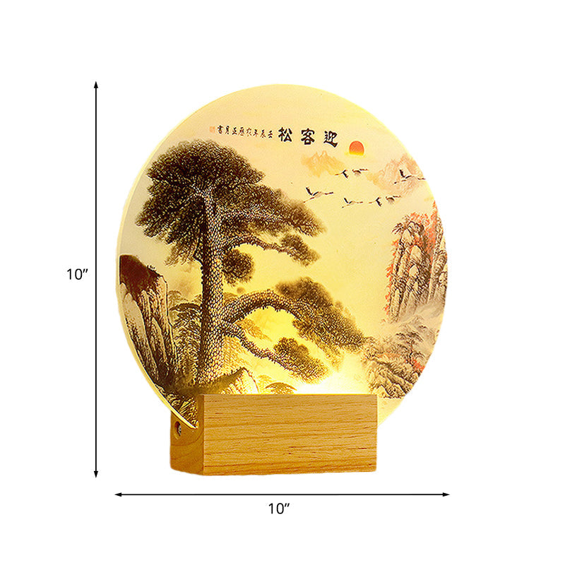 Frendorf | Runde Kieferbaum und Berg Wandleuchte Orientalischer Stil Acryl LED Holz Wandmural Lampe