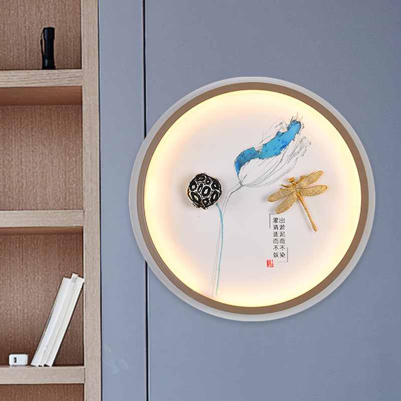 Gelbe und blaue kreisförmige Libelle Wandbeleuchtung Asien Stil LED Metallic Wandlampe für Flur