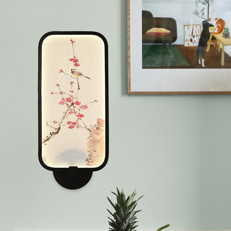 Frendorf | Rechthoekige Acryl Pruim en Vogel Muurlamp Chinese Stijl LED Zwarte Wandgemonteerde Verlichtingsarmatuur