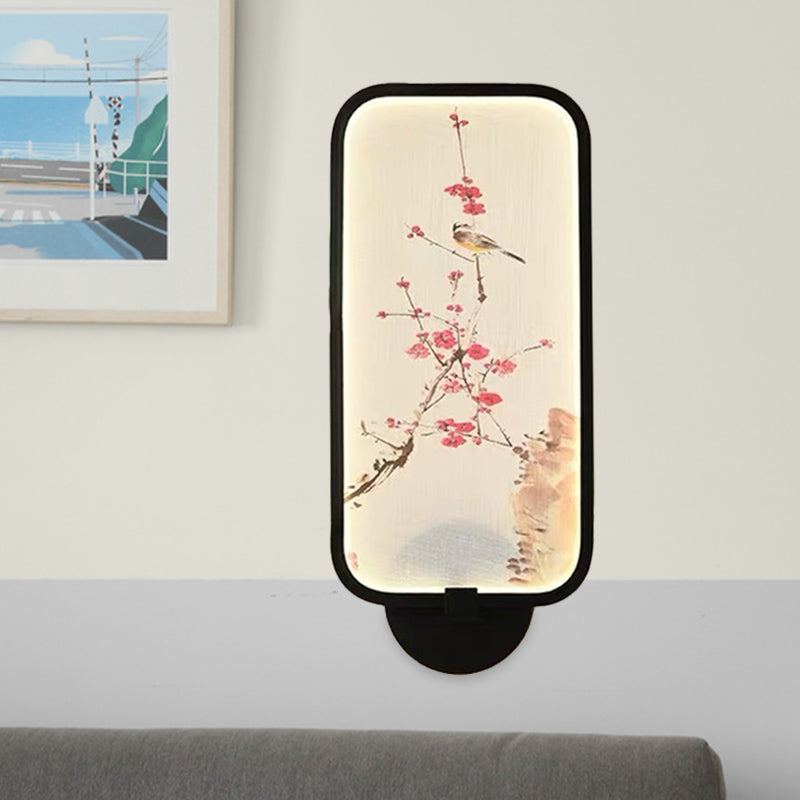 Frendorf | Rechthoekige Acryl Pruim en Vogel Muurlamp Chinese Stijl LED Zwarte Wandgemonteerde Verlichtingsarmatuur