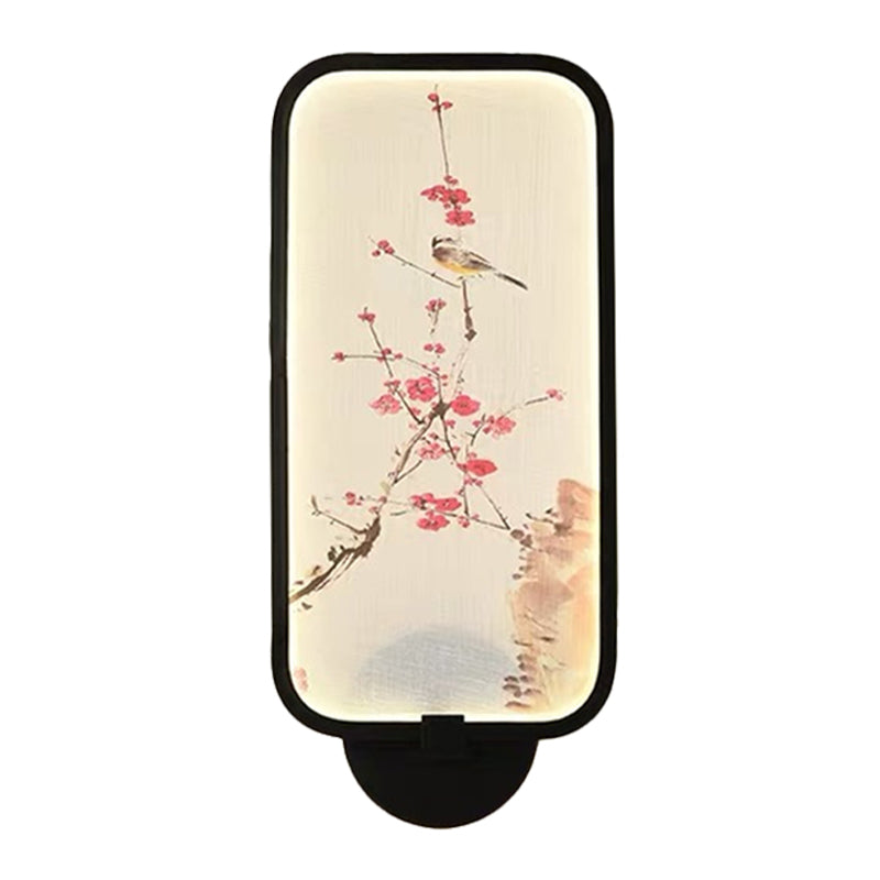 Frendorf | Rechthoekige Acryl Pruim en Vogel Muurlamp Chinese Stijl LED Zwarte Wandgemonteerde Verlichtingsarmatuur