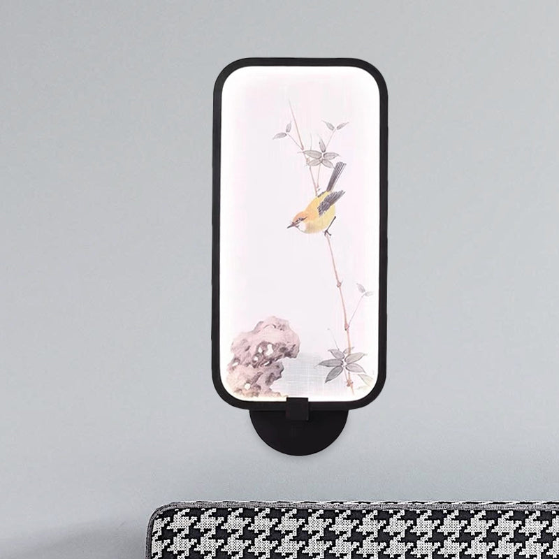 Frendorf | Acryl Rechteck Wandmural Licht Chinesischer Stil LED schwarze wandmontierte Lampe mit Vogel Muster