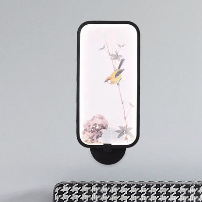 Frendorf | Acryl Rechteck Wandmural Licht Chinesischer Stil LED schwarze wandmontierte Lampe mit Vogel Muster