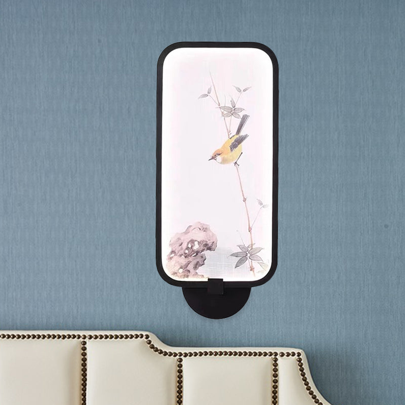 Frendorf | Acryl Rechteck Wandmural Licht Chinesischer Stil LED schwarze wandmontierte Lampe mit Vogel Muster